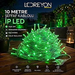 10 Metre Şeffaf Kablolu Animasyonlu IP LED | Yeşil Işık | Fişli İç Mekan Işık Zinciri