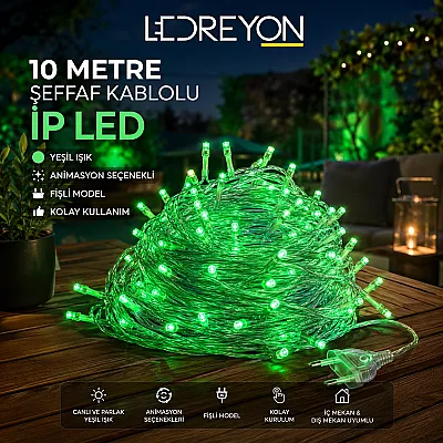 10 Metre Şeffaf Kablolu Animasyonlu IP LED | Yeşil Işık | Fişli İç Mekan Işık Zinciri - 1