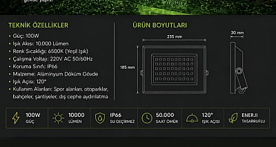 100 Watt Dış Mekan Su Geçirmez Led Projektör Yeşil Renk - 3