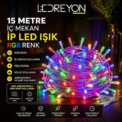 15 Metre RGB İç Mekan İp LED Işık | Animasyonlu ve Sabit Mod | Fişli - 1