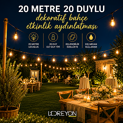 20 Metre 20 Duylu E27 IP65 Dış Mekan Bahçe Aydınlatma Zinciri | Eklenebilir (Ampul Hariç) - 1