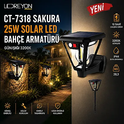 25W Güneş Enerjili Bahçe Aydınlatma Solar Led Bahçe Armatürü Lamba Dış Mekan Işık - 2