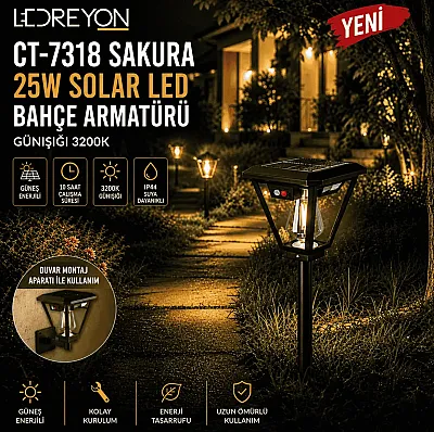 25W Güneş Enerjili Bahçe Aydınlatma Solar Led Bahçe Armatürü Lamba Dış Mekan Işık - 1