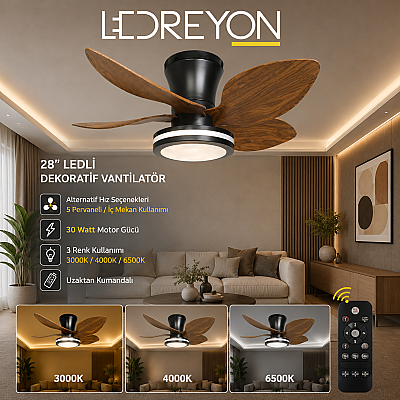 30 Watt Ledli Uzaktan Kumandalı Tavan Vantilatörü 28” Ledli Dekoratif Vantilatör Koyu Ahşap - 1