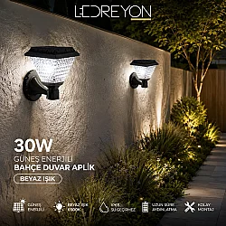 30W Solar LED Duvar Apliği Beyaz Işık 6500K IP65 Güneş Enerjili Bahçe Aydınlatma