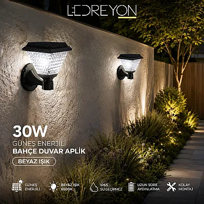 30W Solar LED Duvar Apliği Beyaz Işık 6500K IP65 Güneş Enerjili Bahçe Aydınlatma - 1