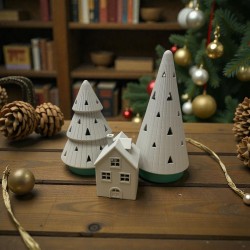 3'lü Set Led Işıklı Dekoratif Çam Ağacı Ev Figürü Masa Dekoru Yılbaşı Süs Hediyesi - Thumbnail