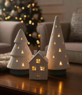 3'lü Set Led Işıklı Dekoratif Çam Ağacı Ev Figürü Masa Dekoru Yılbaşı Süs Hediyesi