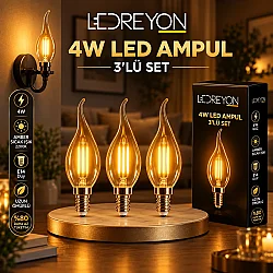 3 Adet 4W Kıvrık Buji Led Rustik Ampul E-14 Duy Mum Ampul Amber Renk