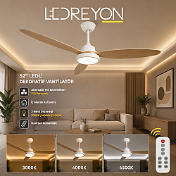 40W Dekoratif Tavan Vantilatörü 52” Ledli Dekoratif Vantilatör Açık Ahşap