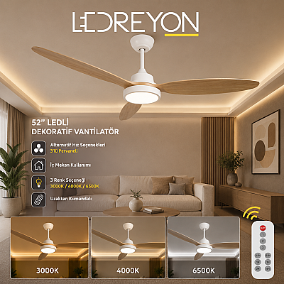 40W Dekoratif Tavan Vantilatörü 52” Ledli Dekoratif Vantilatör Açık Ahşap - 1