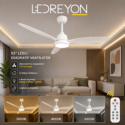 40W Dekoratif Tavan Vantilatörü 52” Ledli Dekoratif Vantilatör Beyaz - 1