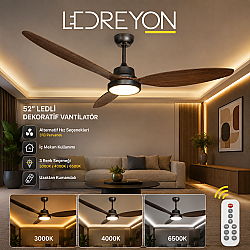 40W Dekoratif Tavan Vantilatörü 52” Ledli Dekoratif Vantilatör Koyu Ahşap