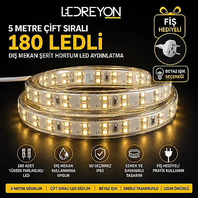 5 Metre 220V IP65 Dış Mekan Çift Sıralı Şerit LED | Su Geçirmez Hortum LED - 1