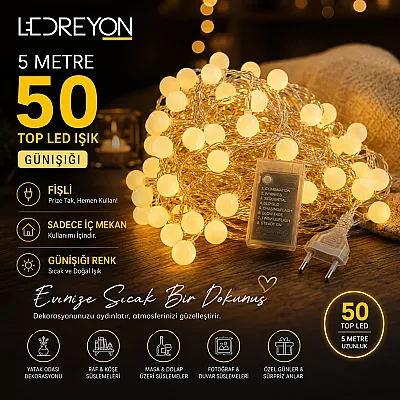 5 Metre 50 Top Led Işık Günışığı Fişli İç Mekan Dekoratif Işık Zinciri - 1