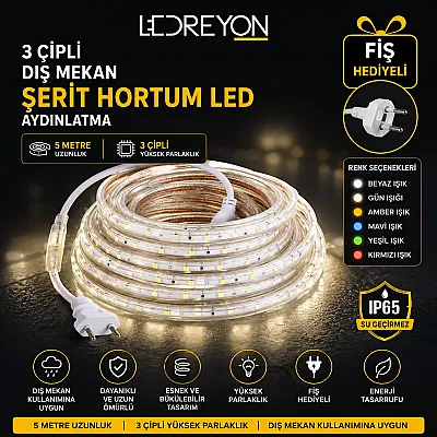 5 Metre 5050 3 Çipli 220V IP65 Dış Mekan Hortum LED | Su Geçirmez Şerit LED - 1