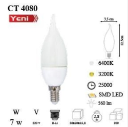 CT-4080 Cata 6 Adet 7W Kıvrık Buji Led Ampul - 2