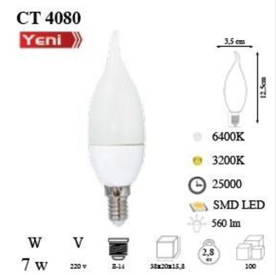 CT-4080 Cata 6 Adet 7W Kıvrık Buji Led Ampul - 2