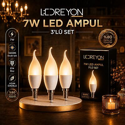 3 Adet 7W Kıvrık Buji Led Ampul E-14 Duy Buji Mum Ampul - 1