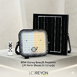 50W Solar Led Projektör Dış Mekan Bahçe Aydınlatma 2 Renk Fonksiyon Kumandalı