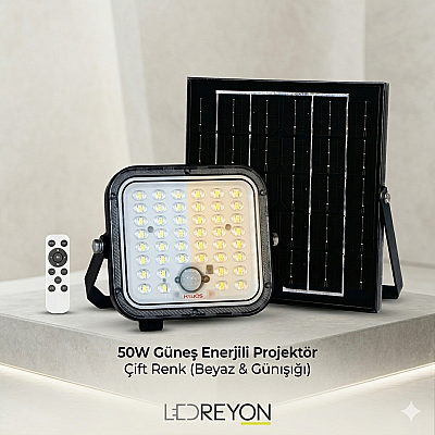 50W Solar Led Projektör Dış Mekan Bahçe Aydınlatma 2 Renk Fonksiyon Kumandalı - 1