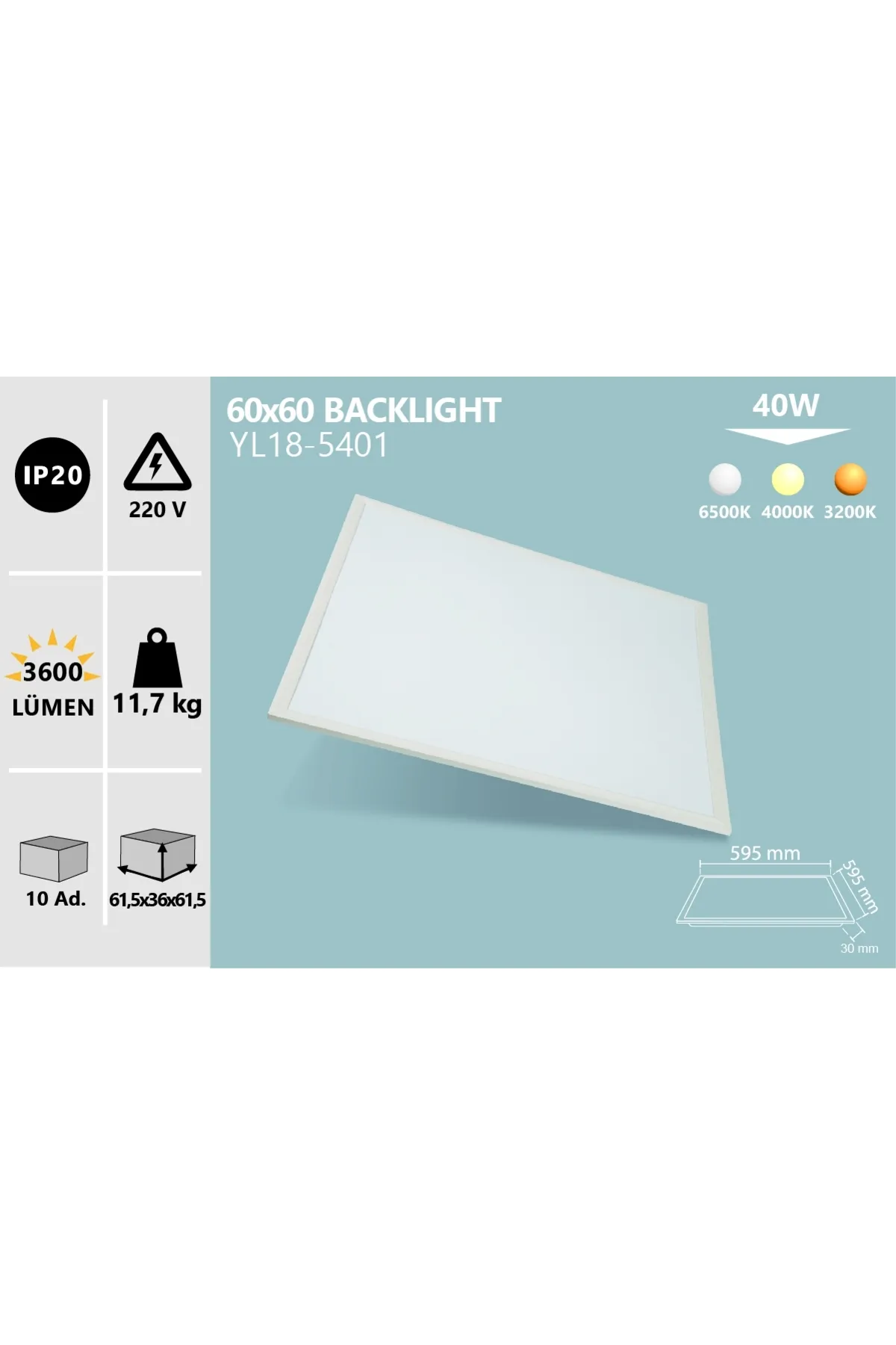 60x60 40W Sıva Altı Kare Panel Armatür Backlight - Thumbnail