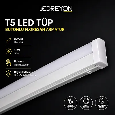 90 cm 15W T5 LED Floresan Armatür | Switchli Tezgah Altı LED Bant Armatür - 1