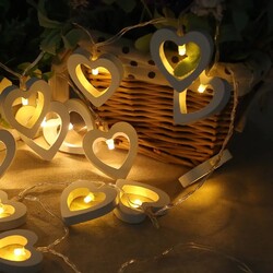 Beyaz Ahşap Kalp Led Işık Aydınlatma Kalpli Led Süs Pilli - Thumbnail