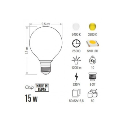 15W Glop Yuvarlak Top Led Ampul - E27 Duylu Lamba - 2