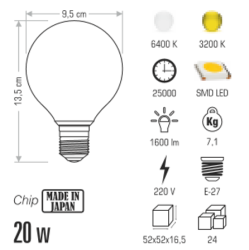 20W Glop Yuvarlak Top Led Ampul - E27 Duylu Lamba - 2