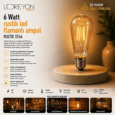 6 Watt Rustik Edison Flamanlı Ampul | E27 Duy - 1
