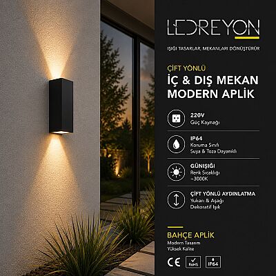 Çift Yönlü LED Dış Mekan Duvar Apliği | Su Geçirmez Bahçe Aydınlatması Siyah - 1