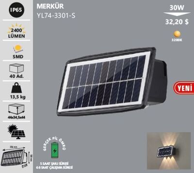Güneş Enerjili 30 Watt Solar Merkür Aplik Bahçe Aydınlatma