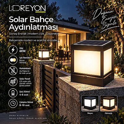 Güneş Enerjili Solar 60 Watt Küp Kumandalı Bahçe Aydınlatması Set Üstü Armatür - 12
