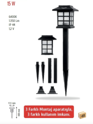 15W Güneş Enerjili Solar Çim ve Set Üstü Armatür Bahçe Aydınlatma 6500K Beyaz - Thumbnail