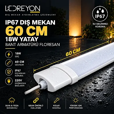 IP67 Dış Mekan 60 Cm 18W T5 Kasalı Yatay Bant Armatürü Floresan - 1