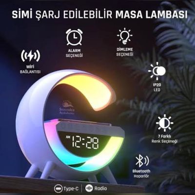 Noas Simi G Şeklinde, Çok Fonksiyonlu, Kablosuz Şarj Standlı, Bluetooth Hoparlör, Rgb Gece Lambası Şarj Standı