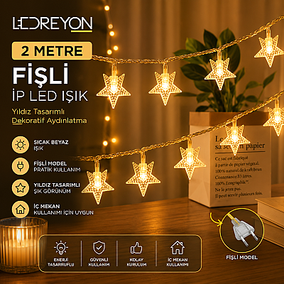 Yıldızlı İp Led Işık Süs - 2 Metre - Fişli Yıldız Led Dekoratif Işık Zinciri - 1